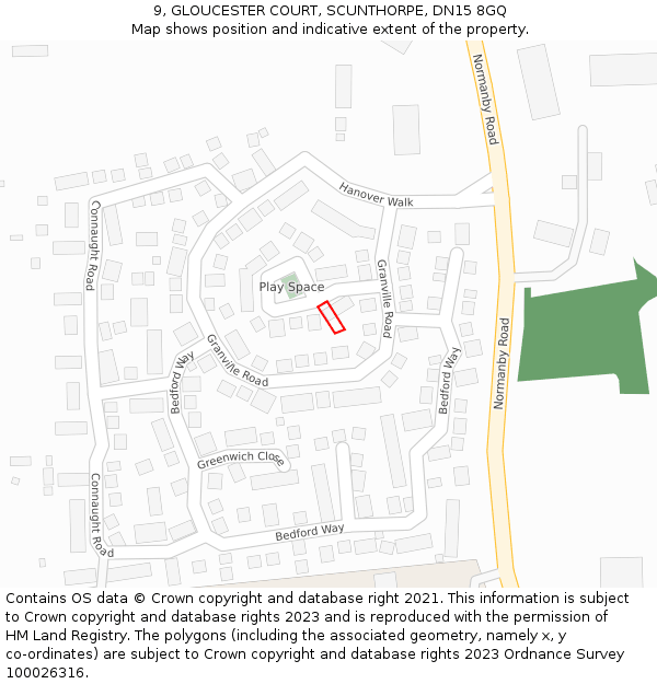 9, GLOUCESTER COURT, SCUNTHORPE, DN15 8GQ: Location map and indicative extent of plot