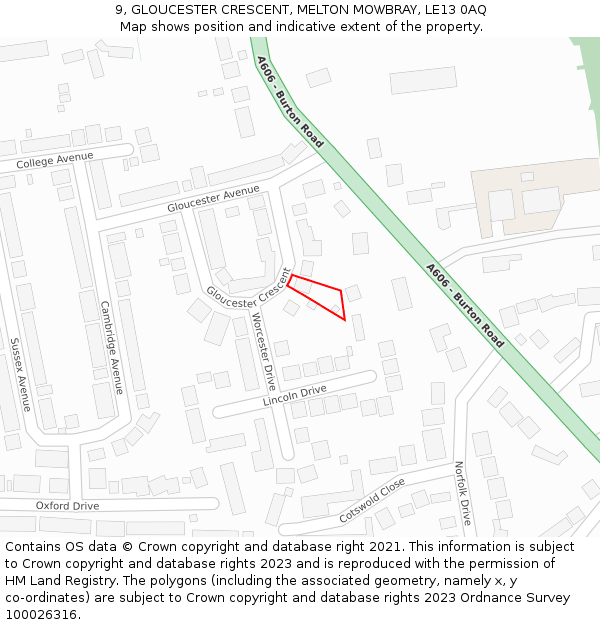 9, GLOUCESTER CRESCENT, MELTON MOWBRAY, LE13 0AQ: Location map and indicative extent of plot