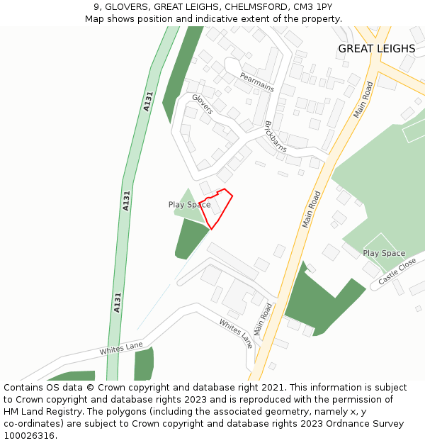 9, GLOVERS, GREAT LEIGHS, CHELMSFORD, CM3 1PY: Location map and indicative extent of plot