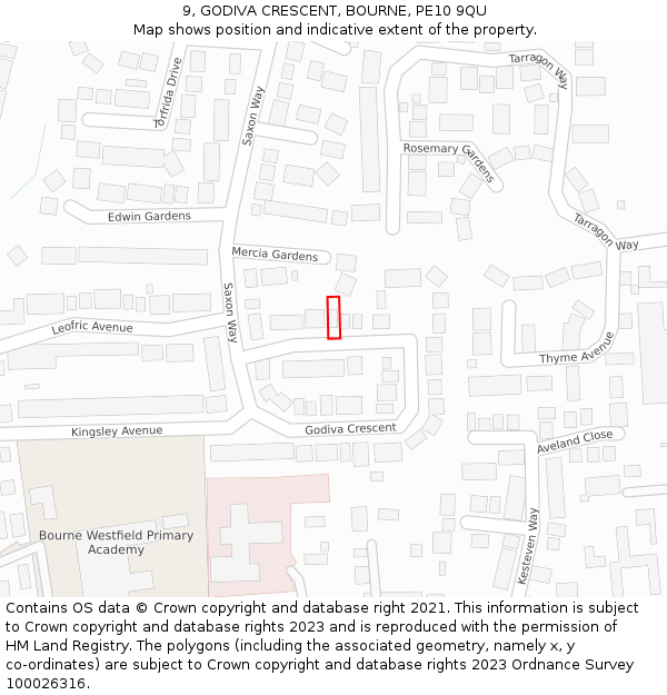 9, GODIVA CRESCENT, BOURNE, PE10 9QU: Location map and indicative extent of plot