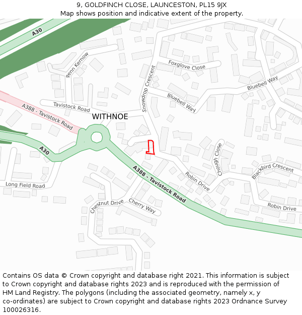 9, GOLDFINCH CLOSE, LAUNCESTON, PL15 9JX: Location map and indicative extent of plot