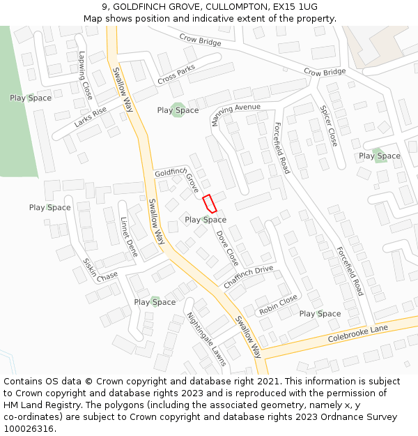 9, GOLDFINCH GROVE, CULLOMPTON, EX15 1UG: Location map and indicative extent of plot