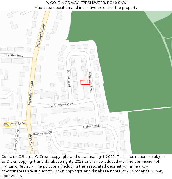9, GOLDINGS WAY, FRESHWATER, PO40 9NW: Location map and indicative extent of plot