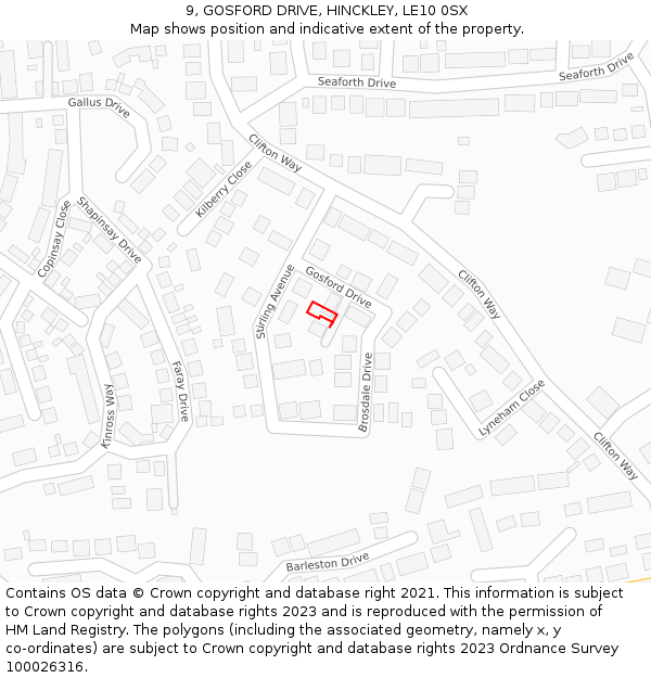 9, GOSFORD DRIVE, HINCKLEY, LE10 0SX: Location map and indicative extent of plot