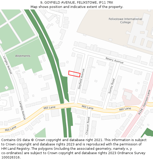 9, GOYFIELD AVENUE, FELIXSTOWE, IP11 7RX: Location map and indicative extent of plot