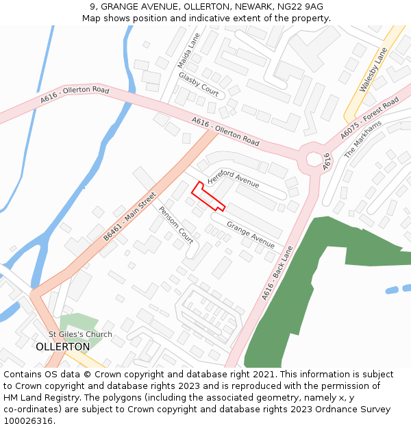 9, GRANGE AVENUE, OLLERTON, NEWARK, NG22 9AG: Location map and indicative extent of plot