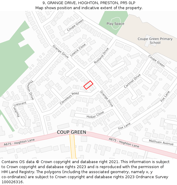 9, GRANGE DRIVE, HOGHTON, PRESTON, PR5 0LP: Location map and indicative extent of plot