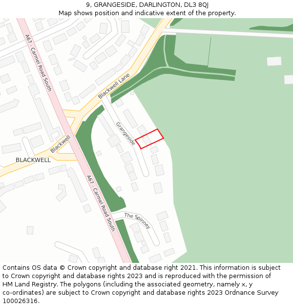 9, GRANGESIDE, DARLINGTON, DL3 8QJ: Location map and indicative extent of plot