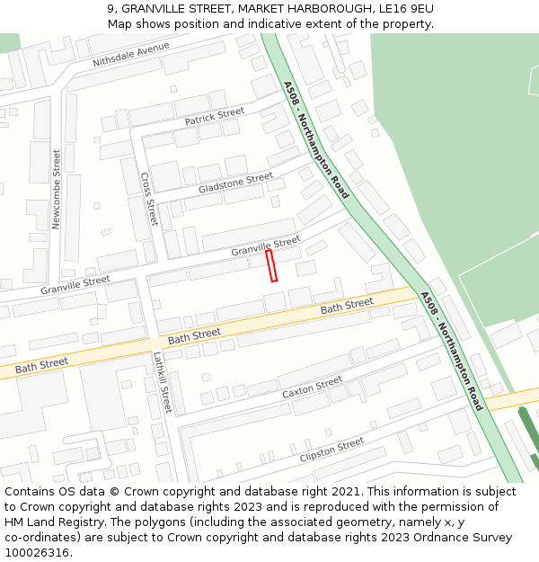 9, GRANVILLE STREET, MARKET HARBOROUGH, LE16 9EU: Location map and indicative extent of plot
