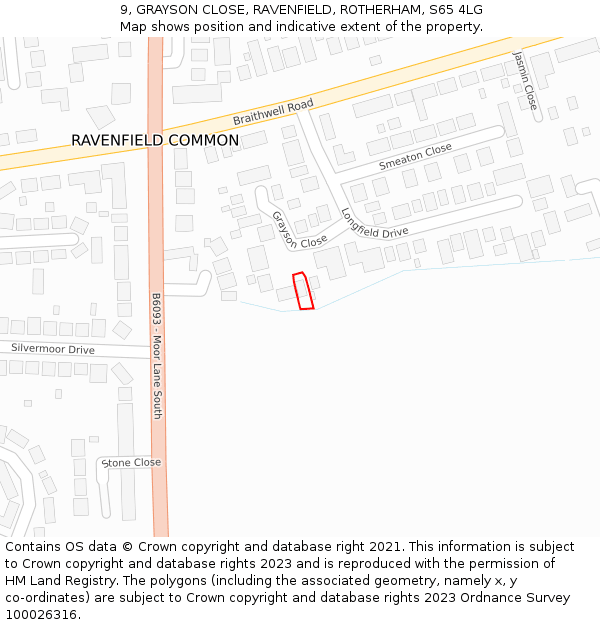 9, GRAYSON CLOSE, RAVENFIELD, ROTHERHAM, S65 4LG: Location map and indicative extent of plot