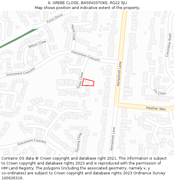 9, GREBE CLOSE, BASINGSTOKE, RG22 5JU: Location map and indicative extent of plot