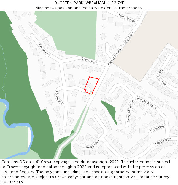 9, GREEN PARK, WREXHAM, LL13 7YE: Location map and indicative extent of plot