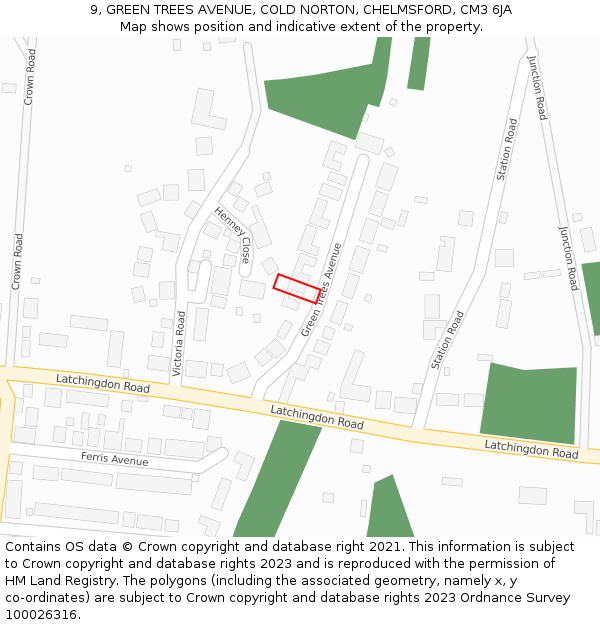 9, GREEN TREES AVENUE, COLD NORTON, CHELMSFORD, CM3 6JA: Location map and indicative extent of plot