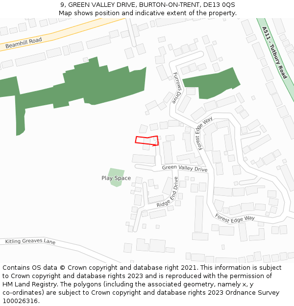 9, GREEN VALLEY DRIVE, BURTON-ON-TRENT, DE13 0QS: Location map and indicative extent of plot
