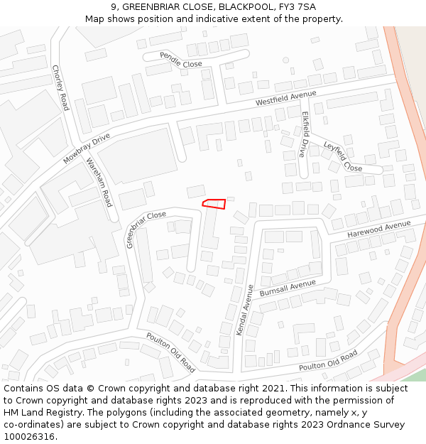 9, GREENBRIAR CLOSE, BLACKPOOL, FY3 7SA: Location map and indicative extent of plot