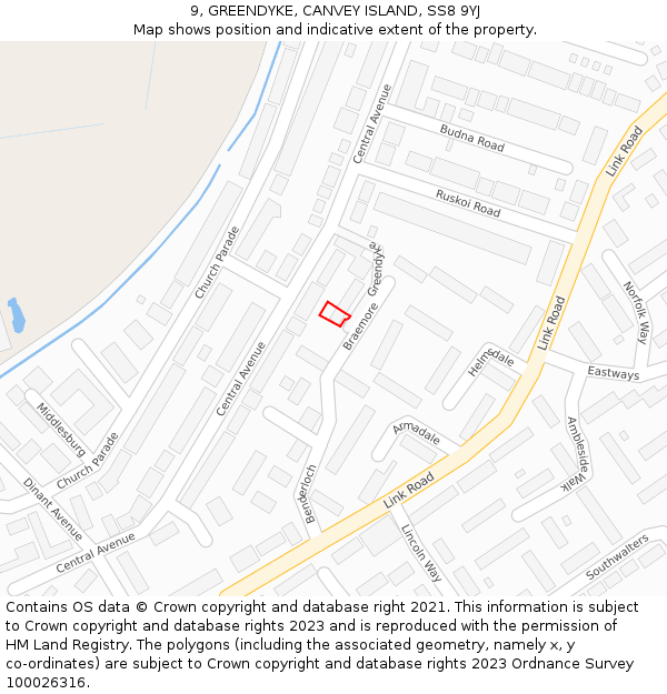 9, GREENDYKE, CANVEY ISLAND, SS8 9YJ: Location map and indicative extent of plot