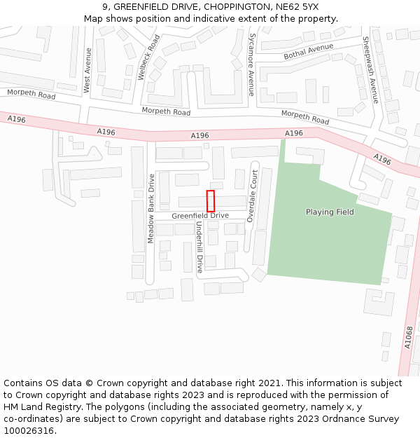 9, GREENFIELD DRIVE, CHOPPINGTON, NE62 5YX: Location map and indicative extent of plot