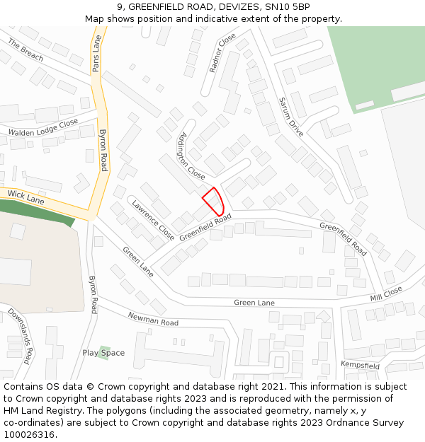 9, GREENFIELD ROAD, DEVIZES, SN10 5BP: Location map and indicative extent of plot