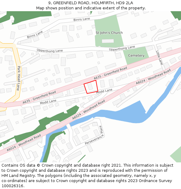 9, GREENFIELD ROAD, HOLMFIRTH, HD9 2LA: Location map and indicative extent of plot