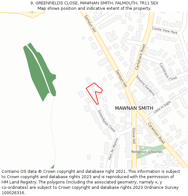 9, GREENFIELDS CLOSE, MAWNAN SMITH, FALMOUTH, TR11 5EX: Location map and indicative extent of plot