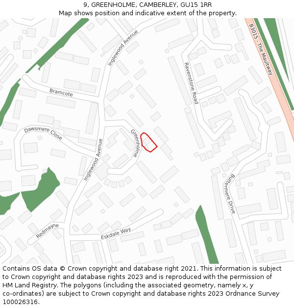 9, GREENHOLME, CAMBERLEY, GU15 1RR: Location map and indicative extent of plot