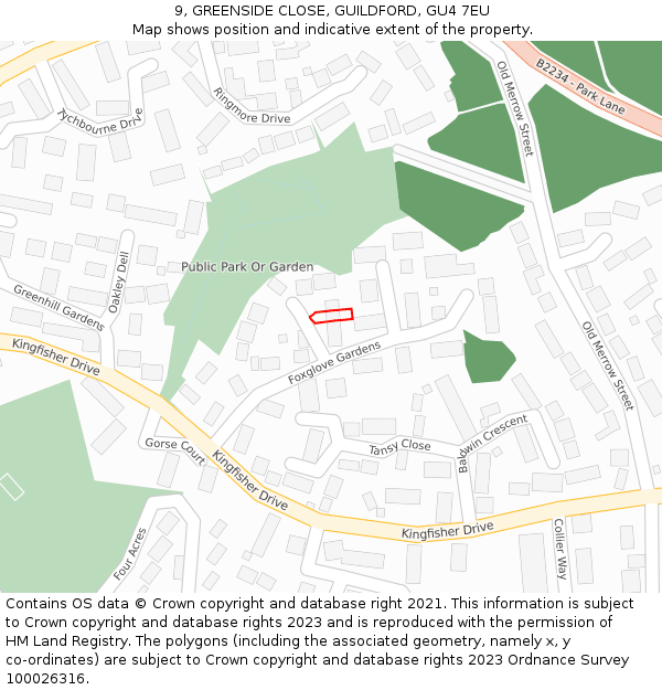 9, GREENSIDE CLOSE, GUILDFORD, GU4 7EU: Location map and indicative extent of plot