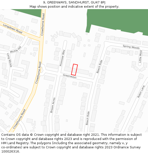 9, GREENWAYS, SANDHURST, GU47 8PJ: Location map and indicative extent of plot