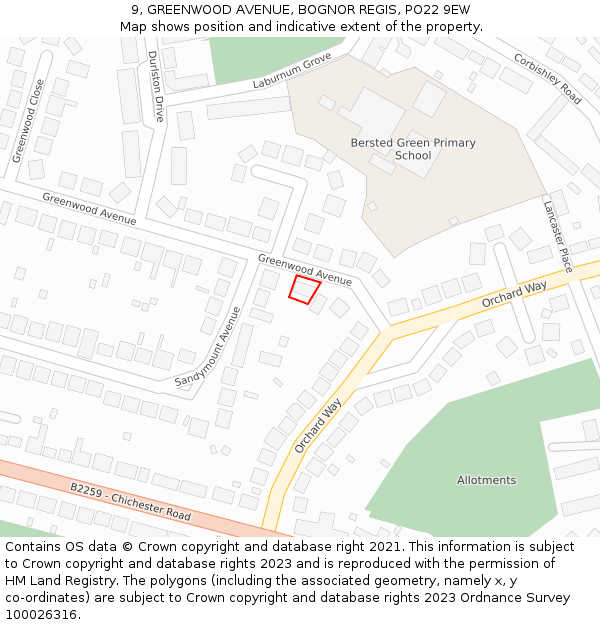 9, GREENWOOD AVENUE, BOGNOR REGIS, PO22 9EW: Location map and indicative extent of plot
