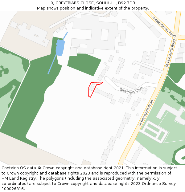 9, GREYFRIARS CLOSE, SOLIHULL, B92 7DR: Location map and indicative extent of plot