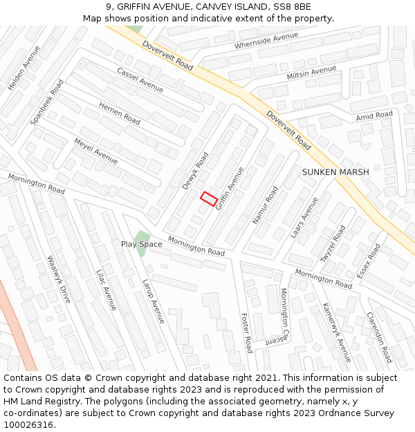 9, GRIFFIN AVENUE, CANVEY ISLAND, SS8 8BE: Location map and indicative extent of plot