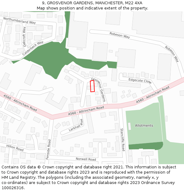 9, GROSVENOR GARDENS, MANCHESTER, M22 4XA: Location map and indicative extent of plot