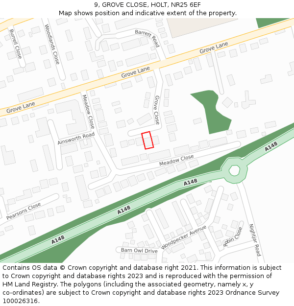 9, GROVE CLOSE, HOLT, NR25 6EF: Location map and indicative extent of plot
