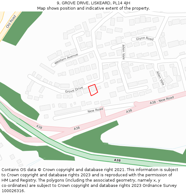 9, GROVE DRIVE, LISKEARD, PL14 4JH: Location map and indicative extent of plot