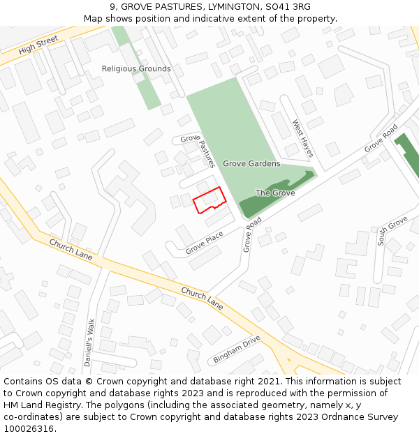 9, GROVE PASTURES, LYMINGTON, SO41 3RG: Location map and indicative extent of plot