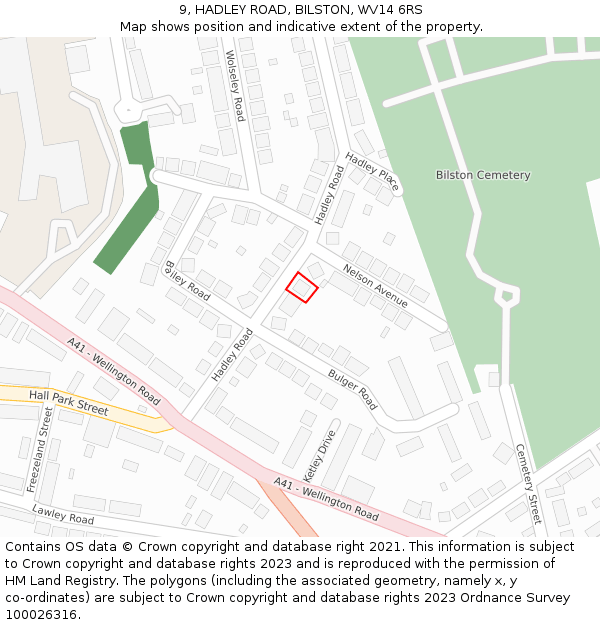 9, HADLEY ROAD, BILSTON, WV14 6RS: Location map and indicative extent of plot