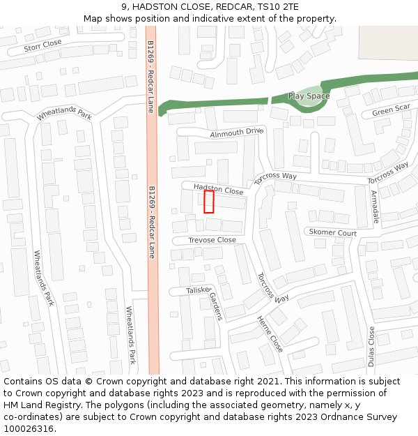 9, HADSTON CLOSE, REDCAR, TS10 2TE: Location map and indicative extent of plot