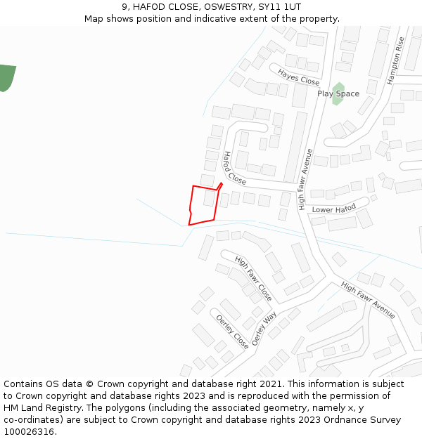 9, HAFOD CLOSE, OSWESTRY, SY11 1UT: Location map and indicative extent of plot