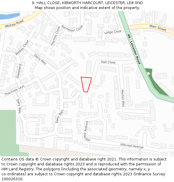 9, HALL CLOSE, KIBWORTH HARCOURT, LEICESTER, LE8 0ND: Location map and indicative extent of plot