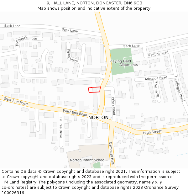 9, HALL LANE, NORTON, DONCASTER, DN6 9GB: Location map and indicative extent of plot