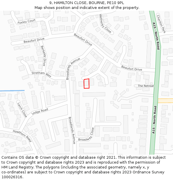 9, HAMILTON CLOSE, BOURNE, PE10 9PL: Location map and indicative extent of plot