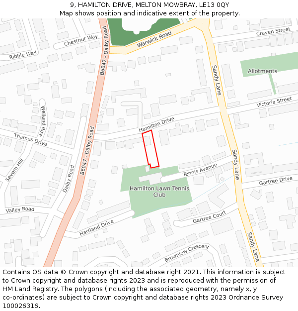 9, HAMILTON DRIVE, MELTON MOWBRAY, LE13 0QY: Location map and indicative extent of plot