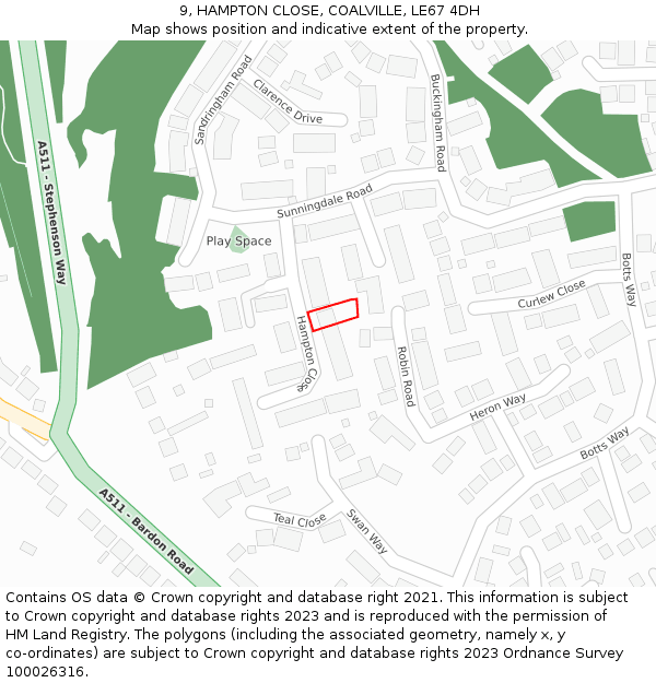 9, HAMPTON CLOSE, COALVILLE, LE67 4DH: Location map and indicative extent of plot