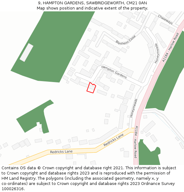 9, HAMPTON GARDENS, SAWBRIDGEWORTH, CM21 0AN: Location map and indicative extent of plot