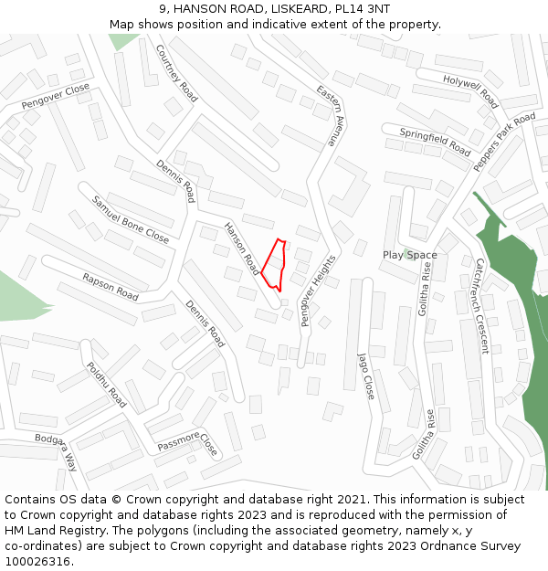 9, HANSON ROAD, LISKEARD, PL14 3NT: Location map and indicative extent of plot