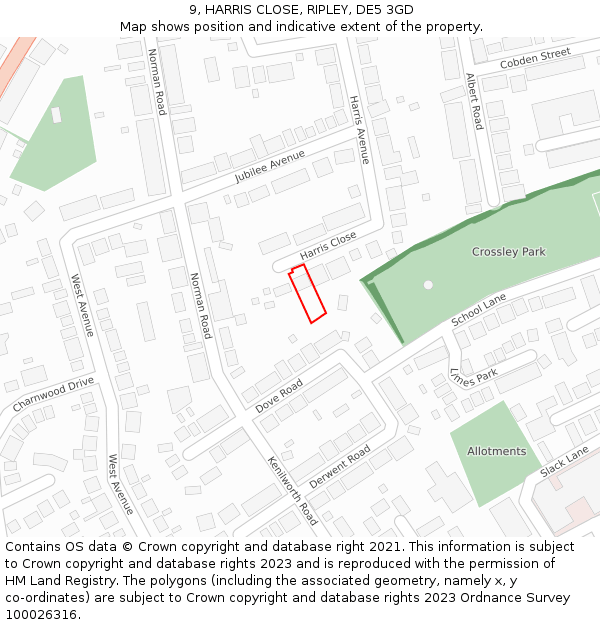 9, HARRIS CLOSE, RIPLEY, DE5 3GD: Location map and indicative extent of plot