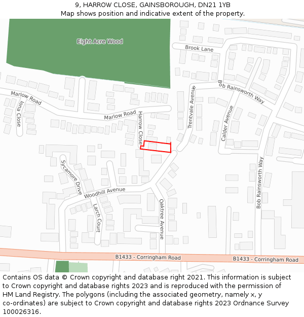 9, HARROW CLOSE, GAINSBOROUGH, DN21 1YB: Location map and indicative extent of plot