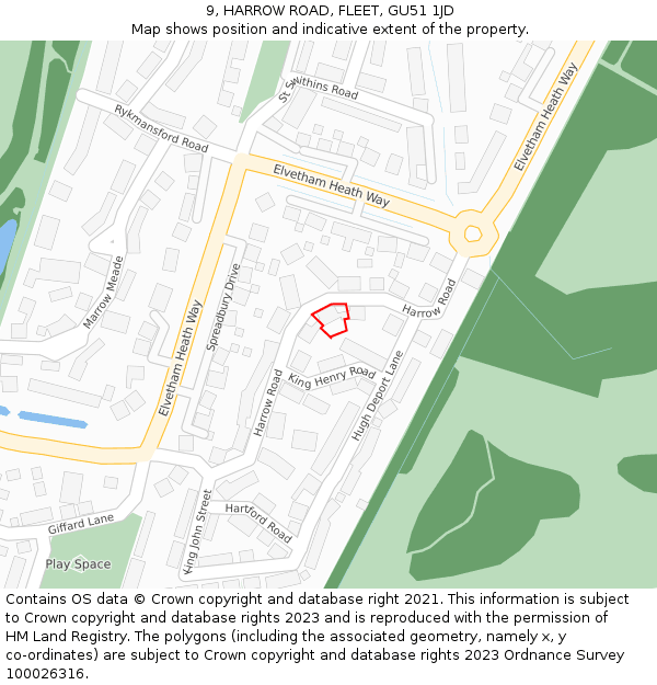 9, HARROW ROAD, FLEET, GU51 1JD: Location map and indicative extent of plot