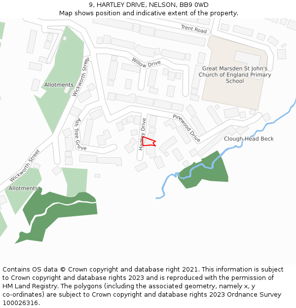 9, HARTLEY DRIVE, NELSON, BB9 0WD: Location map and indicative extent of plot