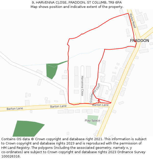 9, HARVENNA CLOSE, FRADDON, ST COLUMB, TR9 6PA: Location map and indicative extent of plot