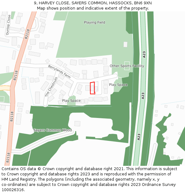 9, HARVEY CLOSE, SAYERS COMMON, HASSOCKS, BN6 9XN: Location map and indicative extent of plot